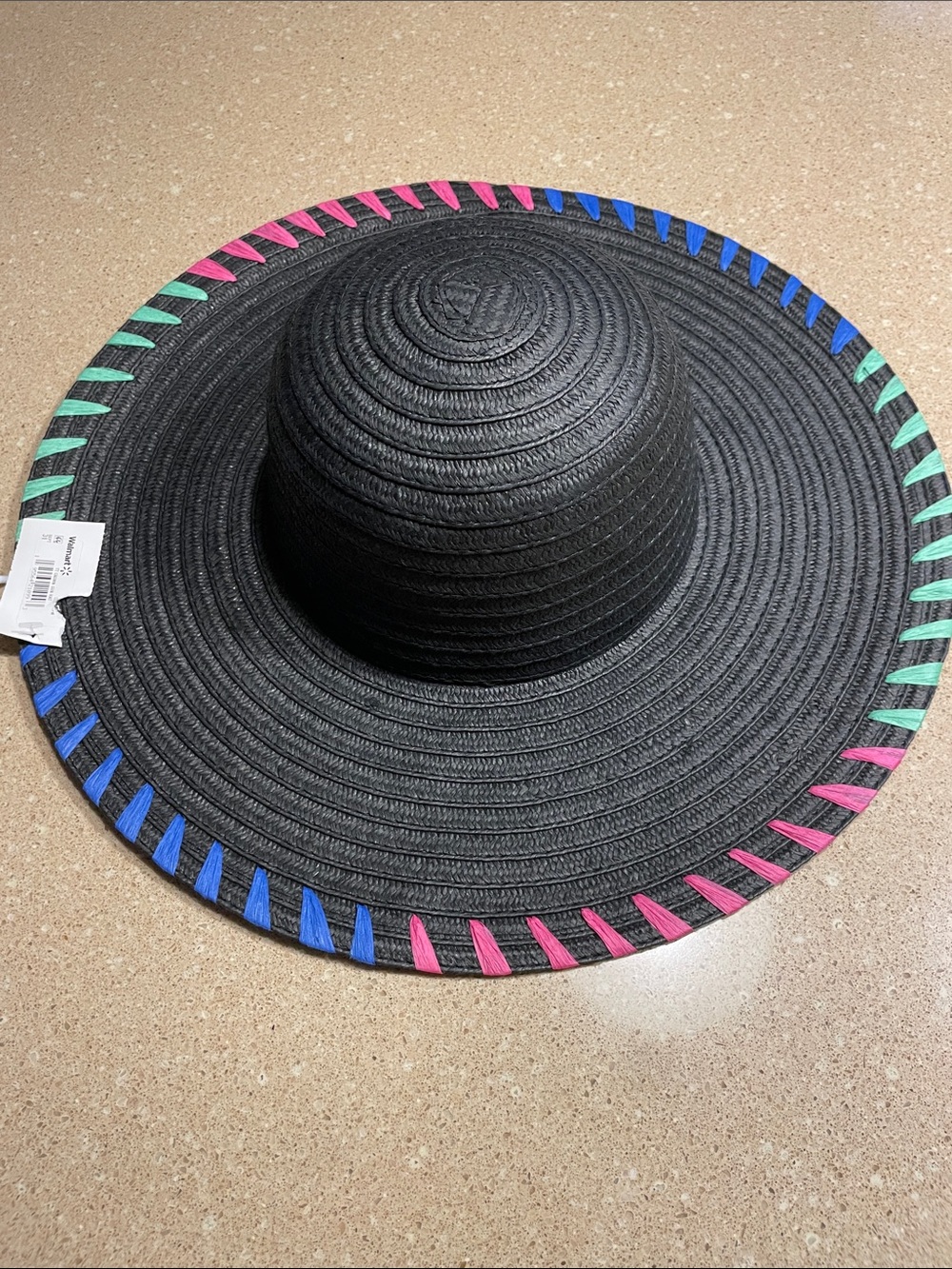 Time and Tru Black Wide-Brim Sun Hat with Pink, Blue & Green Trim